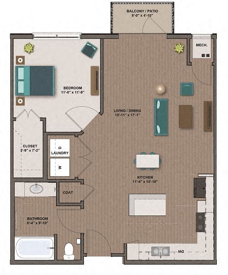 Floor plan for 1 bed, 1 bath, 752 sqft